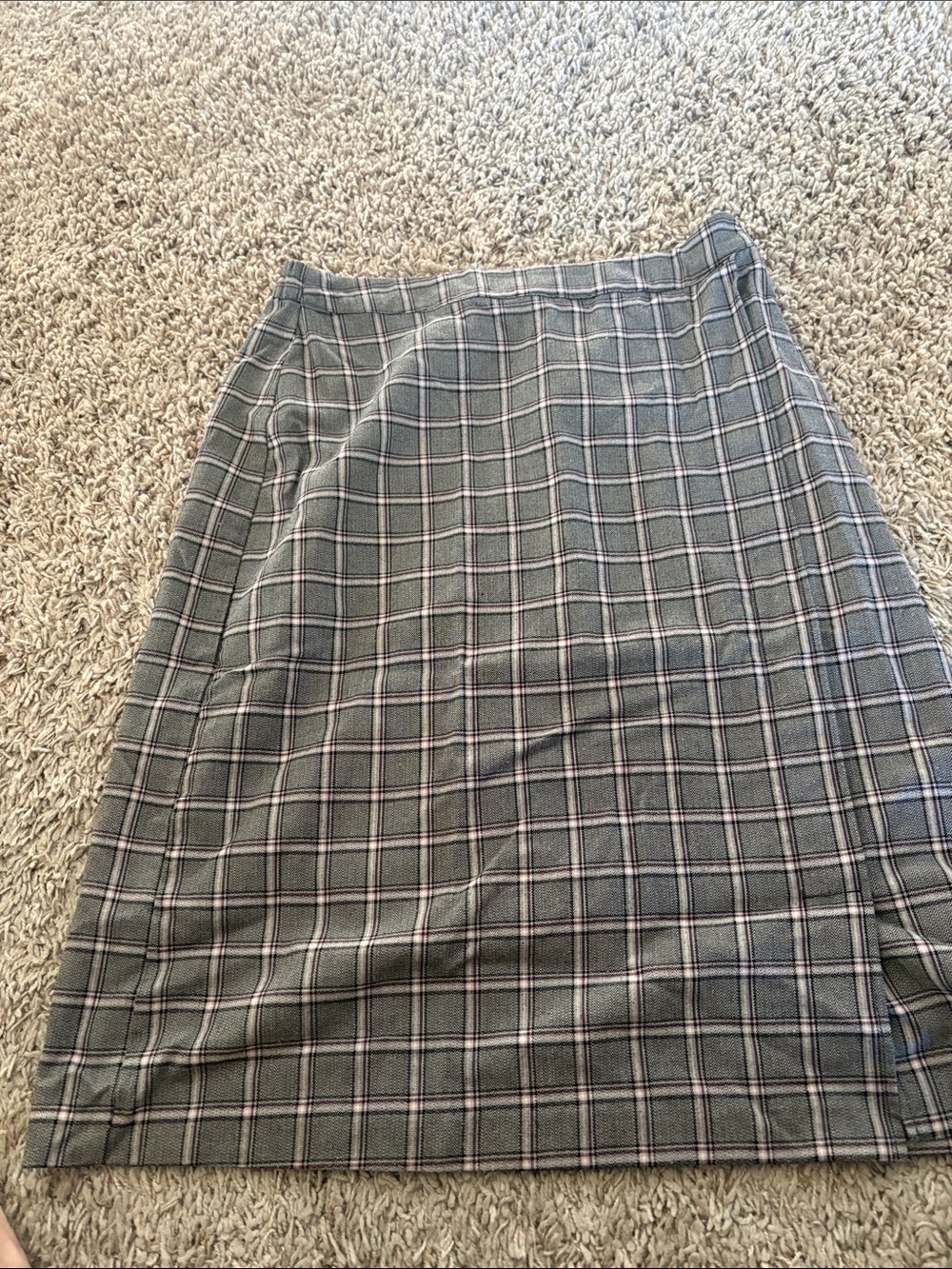 Christopher & Banks Gray Plaid Midi Skirt with Subtle Pink Stripe